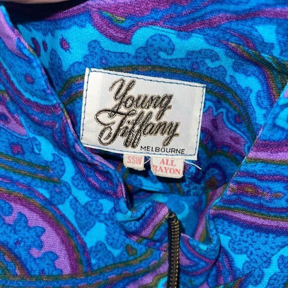 Young Tiffany Melbourne Dress Vintage Purple Turquoise Paisley Zipper Front - Picture 10 of 12